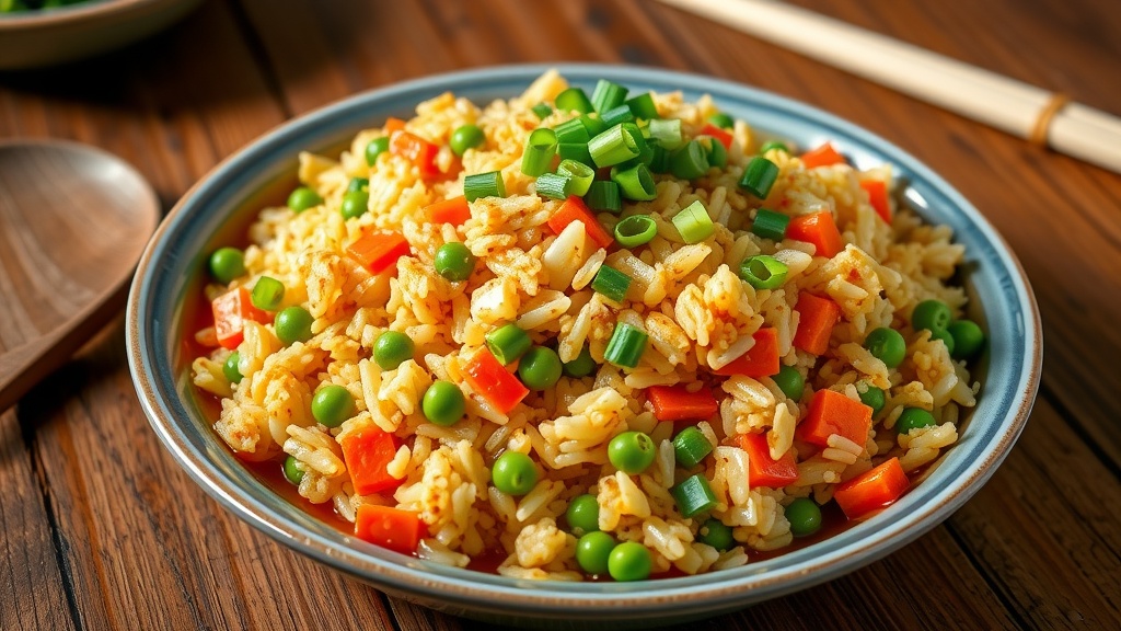 A serving of veggie egg fried rice with peas, carrots, and green onions on a rustic wooden table.